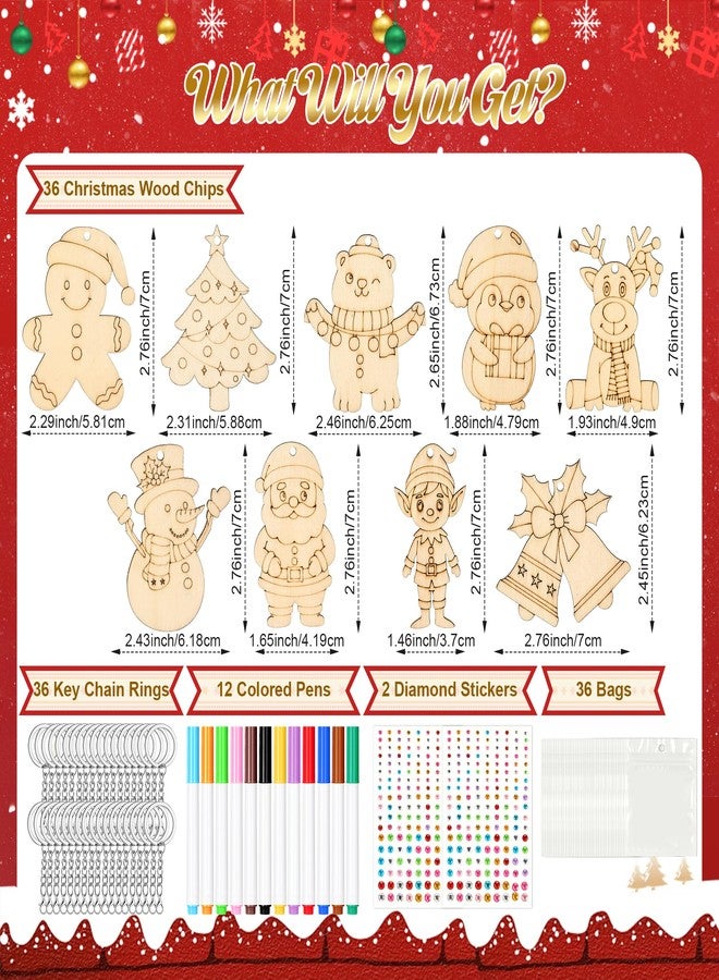 Bafeil 36 Pcs Christmas Wood Craft Kits Color Your Own Keychains DIY Unfinished Wooden Blank Keychains Paint Craft for Christmas School Classroom Home Active Party Favors Decor Gifts - Image 2